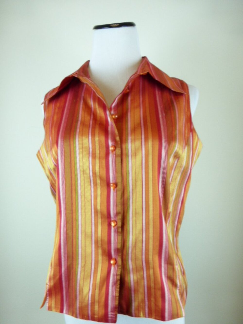 ICE ORANGE 100% SILK SLEEVELESS vertical stripe top 12p